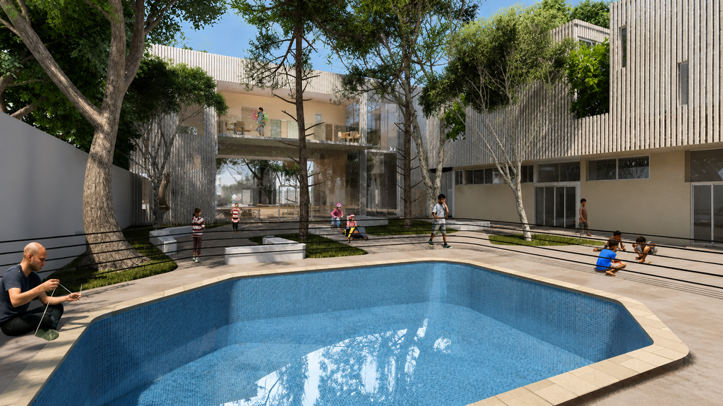 Pátio arborizado do projeto arquitetônico, com piscina em primeiro plano, áreas de circulação, crianças e adultos distribuídos entre os edifícios.