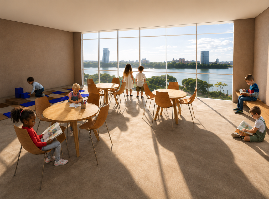 Sala infantil com mesas e cadeiras de madeira, crianças lendo, desenhando e brincando, iluminada por grandes janelas com vista para o rio e a cidade.