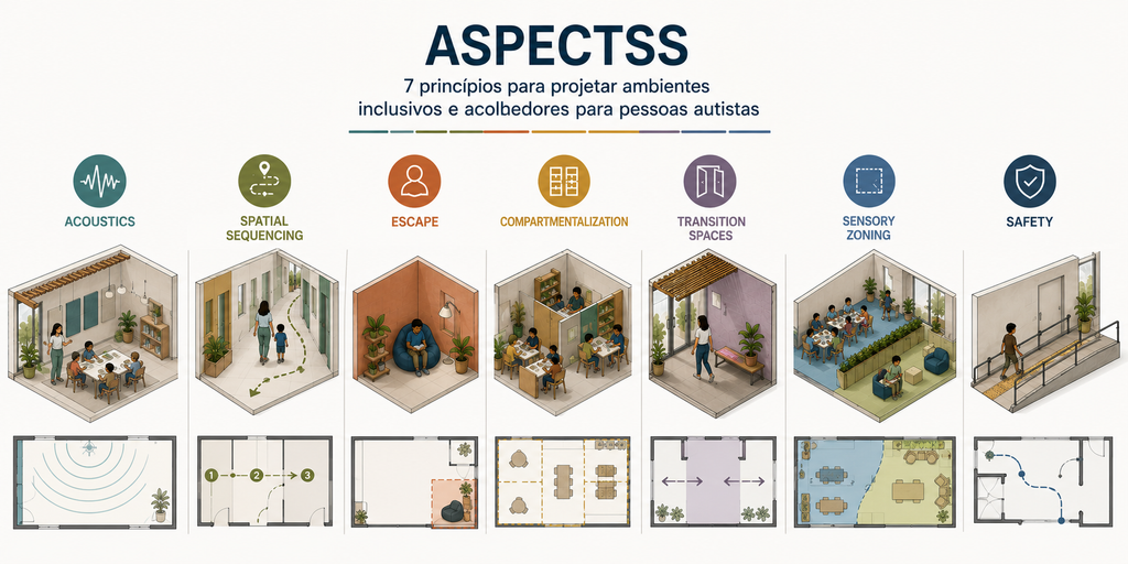 Infográfico apresenta os sete princípios do Autism ASPECTSS: acústica, sequenciamento espacial, escape, compartimentalização, transição, zoneamento sensorial e segurança, representados por diagramas de ambientes arquitetônicos.