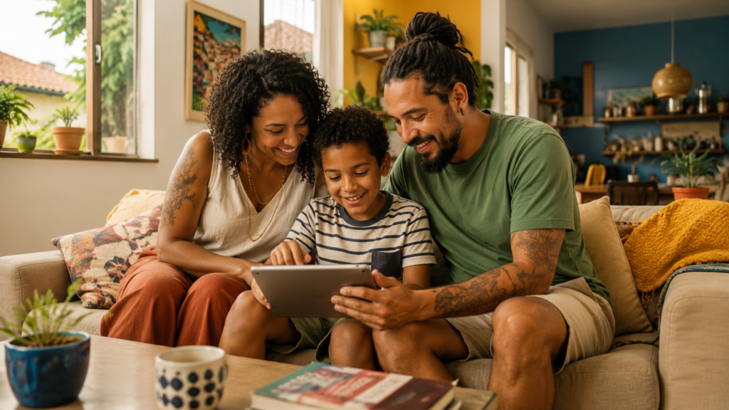 Uma família formada por dois adultos e uma criança está sentada em um sofá, reunida em torno de um tablet. A criança ocupa o centro da composição e interage com o dispositivo enquanto os dois adultos observam a tela sorrindo. À esquerda, uma mulher negra de cabelos cacheados usa blusa clara e calça em tom terroso. À direita, um homem negro ou pardo, com barba e cabelos presos, veste camiseta verde e bermuda clara. Os dois adultos têm tatuagens visíveis. A criança tem cabelos cacheados, veste camiseta listrada e bermuda verde. A cena acontece em uma sala de estar integrada a outros ambientes da casa. O espaço tem paredes em azul e amarelo, plantas, almofadas estampadas, manta de crochê, objetos de cerâmica, quadros e móveis de madeira. Grandes janelas permitem a entrada de luz natural e deixam aparecer parte de uma área externa com vegetação e telhado de cerâmica. Em primeiro plano há uma mesa de centro com plantas, uma caneca e livros. A fotografia tem enquadramento horizontal amplo, iluminação quente e aparência natural, mostrando tanto a interação familiar quanto boa parte da casa.