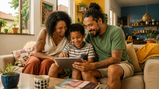 Uma família formada por dois adultos e uma criança está sentada em um sofá, reunida em torno de um tablet. A criança ocupa o centro da composição e interage com o dispositivo enquanto os dois adultos observam a tela sorrindo. À esquerda, uma mulher negra de cabelos cacheados usa blusa clara e calça em tom terroso. À direita, um homem negro ou pardo, com barba e cabelos presos, veste camiseta verde e bermuda clara. Os dois adultos têm tatuagens visíveis. A criança tem cabelos cacheados, veste camiseta listrada e bermuda verde. A cena acontece em uma sala de estar integrada a outros ambientes da casa. O espaço tem paredes em azul e amarelo, plantas, almofadas estampadas, manta de crochê, objetos de cerâmica, quadros e móveis de madeira. Grandes janelas permitem a entrada de luz natural e deixam aparecer parte de uma área externa com vegetação e telhado de cerâmica. Em primeiro plano há uma mesa de centro com plantas, uma caneca e livros. A fotografia tem enquadramento horizontal amplo, iluminação quente e aparência natural, mostrando tanto a interação familiar quanto boa parte da casa.