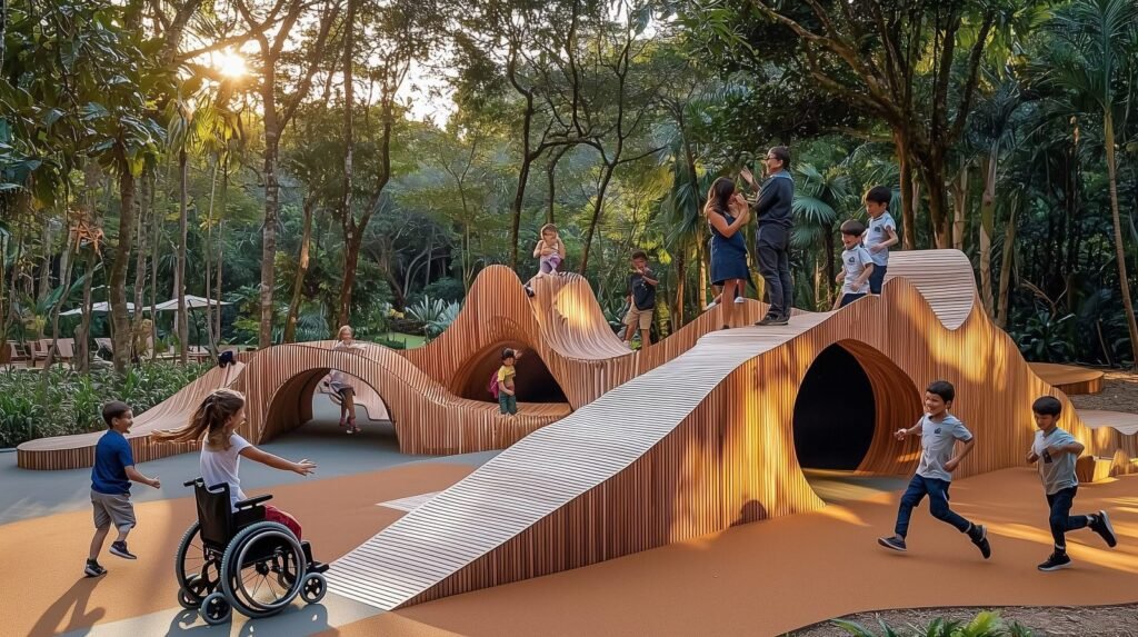 Parque ao ar livre cercado por árvores, com estruturas de madeira em diferentes alturas, rampas, túneis e áreas para circulação e brincadeiras. Crianças e adultos ocupam o espaço, incluindo uma criança em cadeira de rodas.