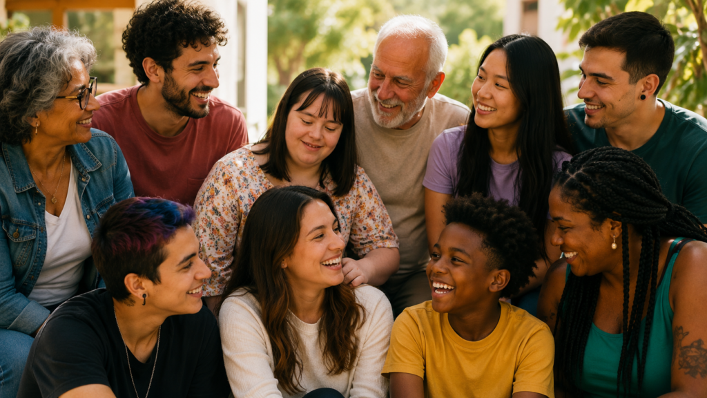 Grupo diverso de pessoas de diferentes idades, gêneros e características reunido em uma varanda, conversando e sorrindo em um ambiente acolhedor e iluminado pela luz natural.