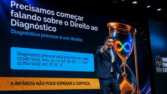 Homem de terno azul, apontando o dedo para o publico que o assiste, ao fundo um telão.