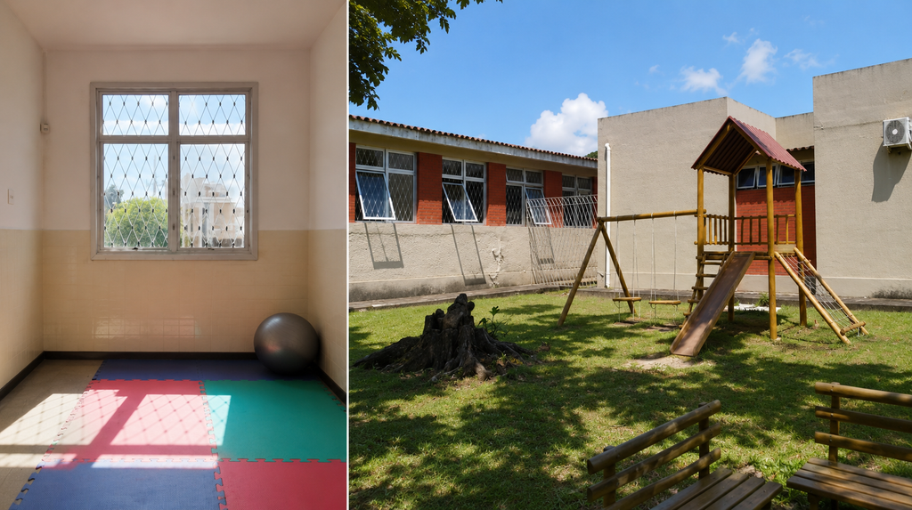 Duas fotografias do Centro de Atendimento ao Autista de João Pessoa mostram uma sala interna com tatames coloridos, bola e janela, e uma área externa gramada com brinquedos de parque.