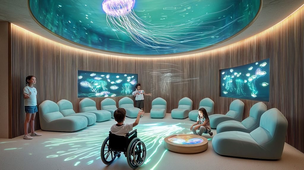 Sala com poltronas dispostas em círculo e projeções de águas-vivas no teto, nas paredes e no piso. Crianças ocupam o espaço, incluindo uma em cadeira de rodas.