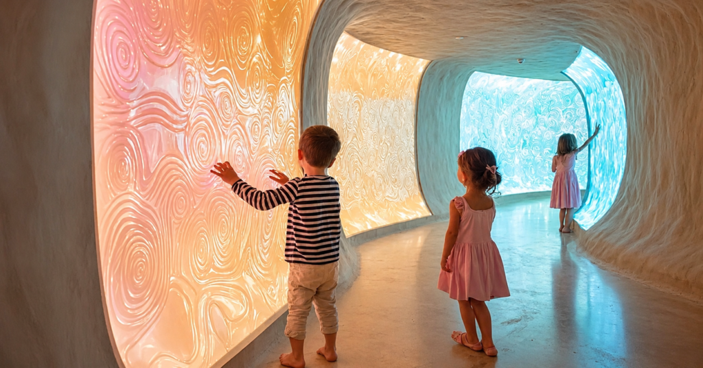 Três crianças exploram um túnel de formas curvas com grandes painéis luminosos e texturas onduladas em tons de laranja, amarelo e azul.