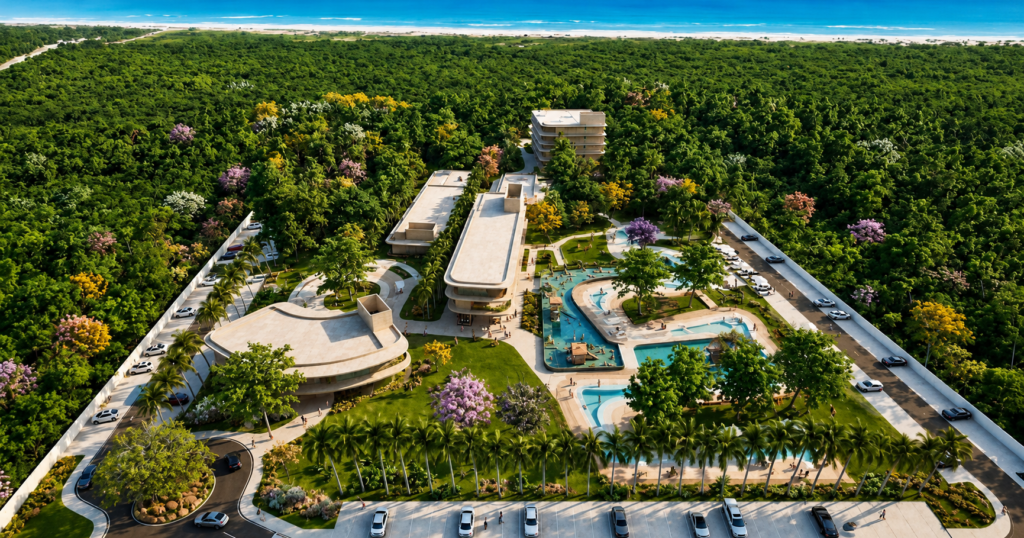 Vista aérea do projeto do Senses Park & Resort, com edifícios, piscinas e áreas verdes cercadas por vegetação, com o mar ao fundo.
