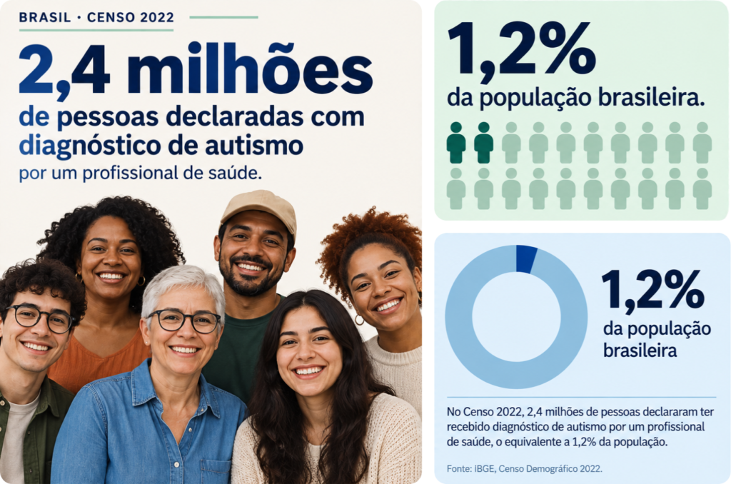 Infográfico do Censo 2022 informa que 2,4 milhões de pessoas declararam diagnóstico de autismo por profissional de saúde, equivalente a 1,2% da população brasileira. A peça mostra seis pessoas diversas de frente e gráficos representando o percentual. Fonte: IBGE.