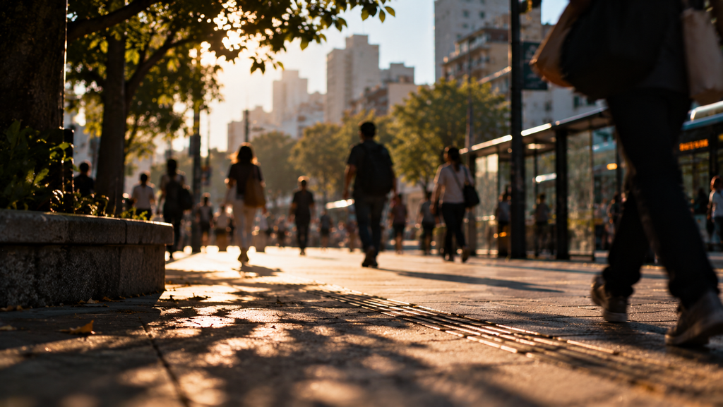 Fotografia horizontal de uma calçada movimentada em área urbana, iluminada pela luz dourada do fim da tarde. Pessoas caminham em diferentes direções, algumas desfocadas pelo movimento. Ao fundo, aparecem árvores, edifícios e um ponto de ônibus. Em primeiro plano, o piso apresenta faixas táteis, folhas caídas e sombras alongadas projetadas pela vegetação.