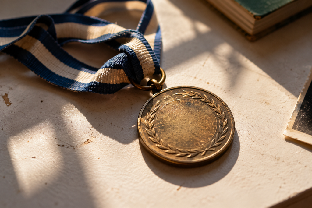 Fotografia em close de uma medalha escolar antiga, em tom dourado, apoiada sobre uma superfície clara e levemente marcada pelo tempo. A medalha apresenta uma coroa de louros em relevo e sinais discretos de desgaste, sem inscrições legíveis.
Uma fita listrada em azul-escuro e bege aparece solta ao redor da medalha. A luz natural incide lateralmente, formando sombras suaves. Nas bordas da composição aparecem parcialmente um livro antigo e uma fotografia, ambos desfocados.