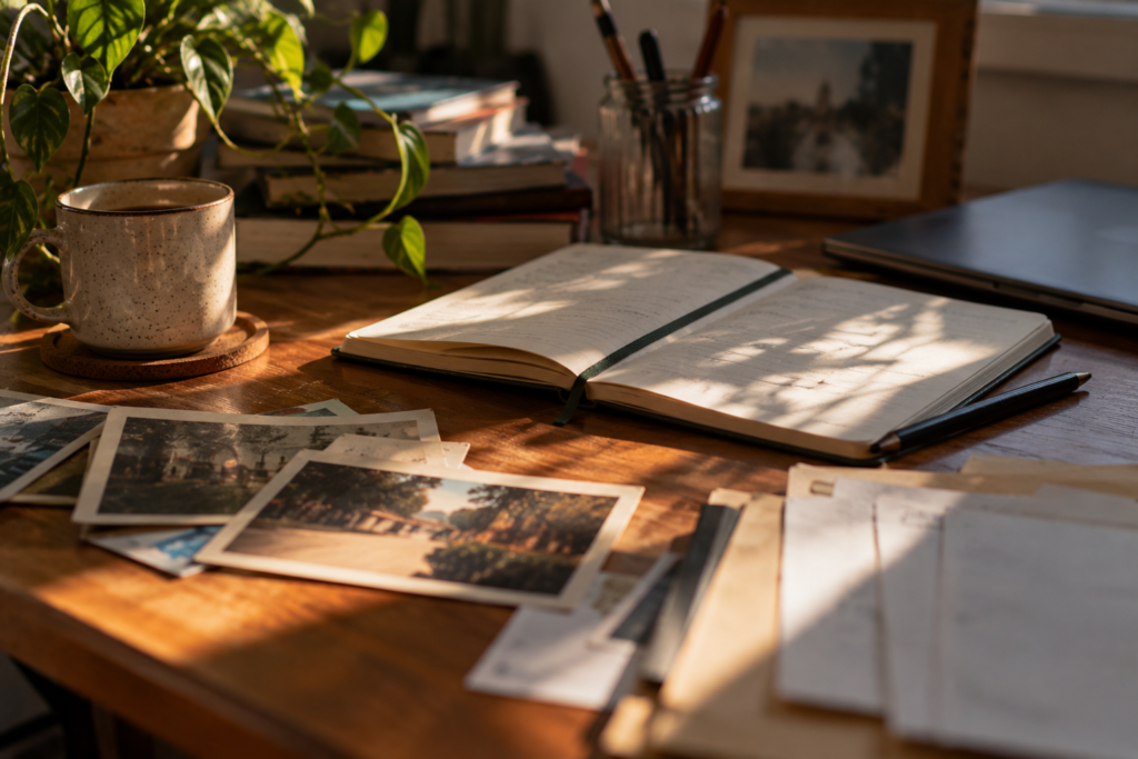 Mesa de madeira iluminada pela luz natural, com caderno aberto, fotografias antigas, documentos, caneta, livros, caneca e objetos pessoais espalhados sobre a superfície.