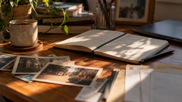 Mesa de madeira iluminada pela luz natural, com caderno aberto, fotografias antigas, documentos, caneta, livros, caneca e objetos pessoais espalhados sobre a superfície.